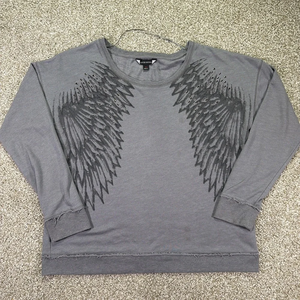 Women's Rock Republic Angel Wing Sweater Gray XL Riveted Distressed